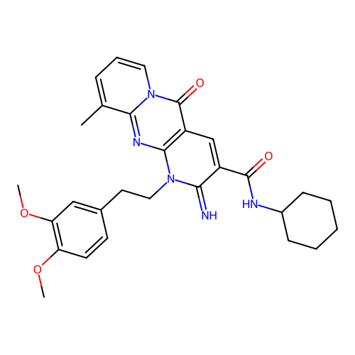 N-cyclohexyl-1-[2-(3,4-dimethoxyphenyl)ethyl]-2-imino-10-methyl-5-oxo-1,5-dihydro-2H-dipyrido[1,2-a:2',3'-d]pyrimidine-3-carboxamide structure