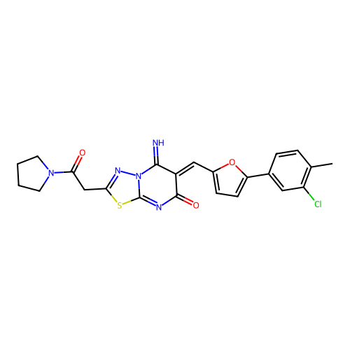 (Z)-6-((5-(3-chloro-4-methylphenyl)furan-2-yl)methylene)-5-imino-2-(2-oxo-2-(pyrrolidin-1-yl)ethyl)-5H-[1,3,4]thiadiazolo[3,2-a]pyrimidin-7(6H)-one structure