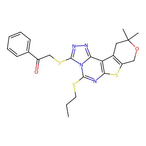 2-((10,10-dimethyl-5-(propylthio)-10,11-dihydro-8H-pyrano[4',3':4,5]thieno[3,2-e][1,2,4]triazolo[4,3-c]pyrimidin-3-yl)thio)-1-phenylethanone structure