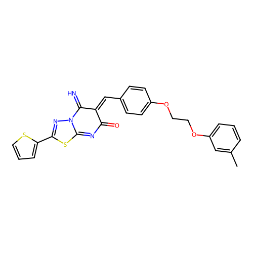 (Z)-5-imino-2-(thiophen-2-yl)-6-(4-(2-(m-tolyloxy)ethoxy)benzylidene)-5H-[1,3,4]thiadiazolo[3,2-a]pyrimidin-7(6H)-one structure