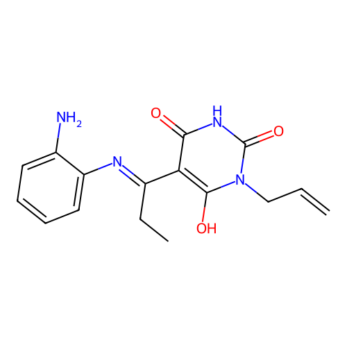 (E)-1-allyl-5-(1-((2-aminophenyl)amino)propylidene)pyrimidine-2,4,6(1H,3H,5H)-trione structure