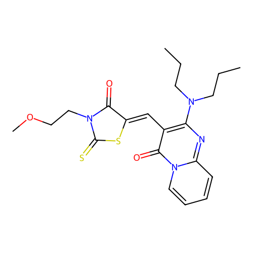 2-(dipropylamino)-3-{(Z)-[3-(2-methoxyethyl)-4-oxo-2-thioxo-1,3-thiazolidin-5-ylidene]methyl}-4H-pyrido[1,2-a]pyrimidin-4-one structure