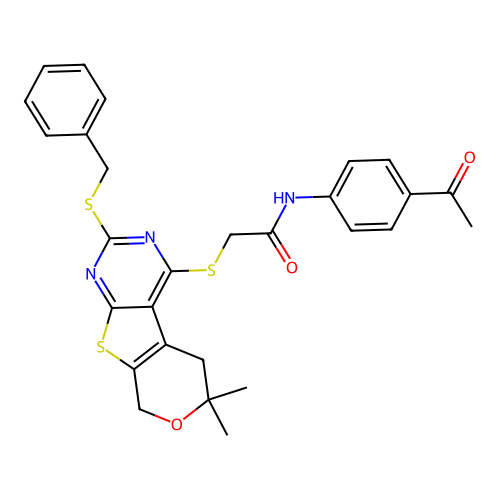N-(4-acetylphenyl)-2-((2-(benzylthio)-6,6-dimethyl-6,8-dihydro-5H-pyrano[4',3':4,5]thieno[2,3-d]pyrimidin-4-yl)thio)acetamide structure