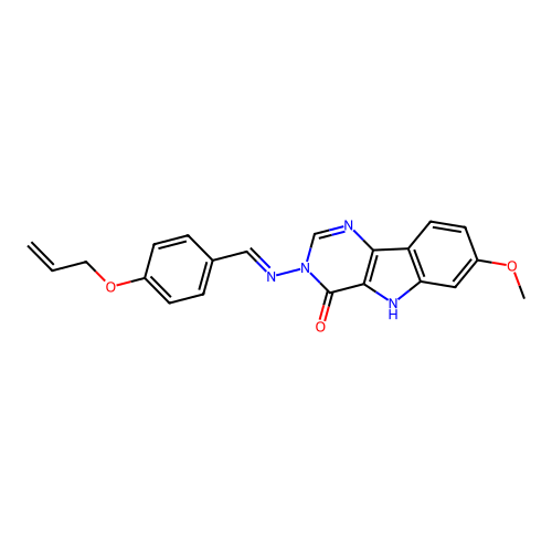 (E)-3-((4-(allyloxy)benzylidene)amino)-7-methoxy-3H-pyrimido[5,4-b]indol-4(5H)-one structure