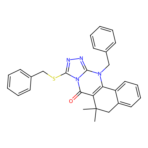 12-benzyl-9-(benzylthio)-6,6-dimethyl-5,6-dihydrobenzo[h][1,2,4]triazolo[3,4-b]quinazolin-7(12H)-one structure