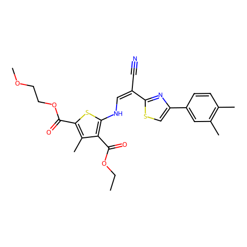 (Z)-4-ethyl 2-(2-methoxyethyl) 5-((2-cyano-2-(4-(3,4-dimethylphenyl)thiazol-2-yl)vinyl)amino)-3-methylthiophene-2,4-dicarboxylate structure