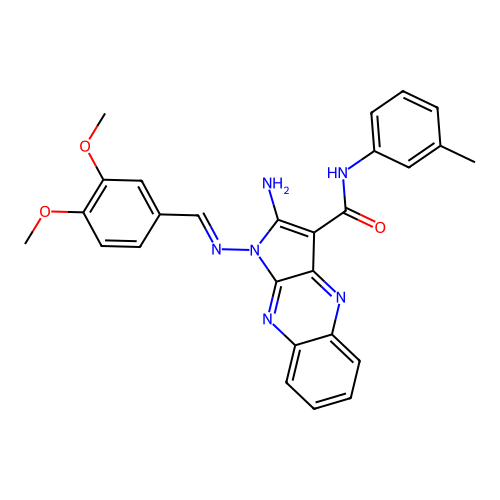(E)-2-amino-1-((3,4-dimethoxybenzylidene)amino)-N-(m-tolyl)-1H-pyrrolo[2,3-b]quinoxaline-3-carboxamide structure