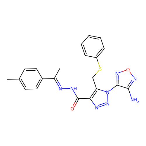 (E)-1-(4-amino-1,2,5-oxadiazol-3-yl)-5-((phenylthio)methyl)-N'-(1-(p-tolyl)ethylidene)-1H-1,2,3-triazole-4-carbohydrazide structure