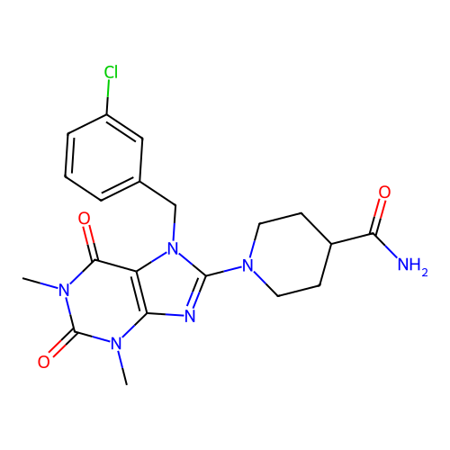 1-(7-(3-chlorobenzyl)-1,3-dimethyl-2,6-dioxo-2,3,6,7-tetrahydro-1H-purin-8-yl)piperidine-4-carboxamide structure