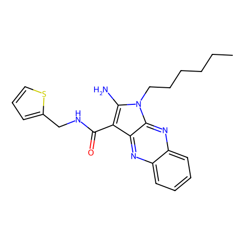 2-amino-1-hexyl-N-(thiophen-2-ylmethyl)-1H-pyrrolo[2,3-b]quinoxaline-3-carboxamide structure