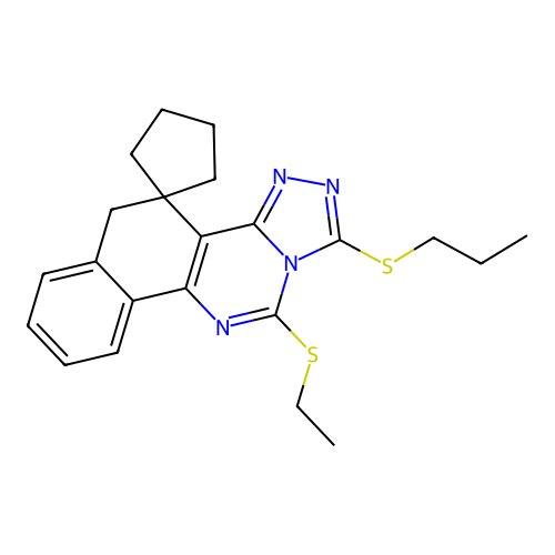 11-(ethylsulfanyl)-1-(propylsulfanyl)-5H-spiro[benzo[h][1,2,4]triazolo[4,3-c]quinazoline-4,1'-cyclopentane] structure