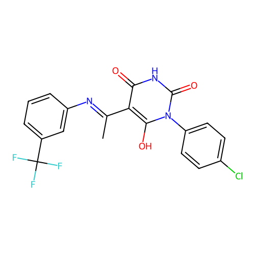 (5Z)-1-(4-chlorophenyl)-5-[1-[3-(trifluoromethyl)anilino]ethylidene]-1,3-diazinane-2,4,6-trione structure
