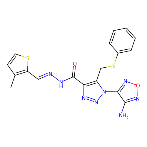 (E)-1-(4-amino-1,2,5-oxadiazol-3-yl)-N'-((3-methylthiophen-2-yl)methylene)-5-((phenylthio)methyl)-1H-1,2,3-triazole-4-carbohydrazide structure