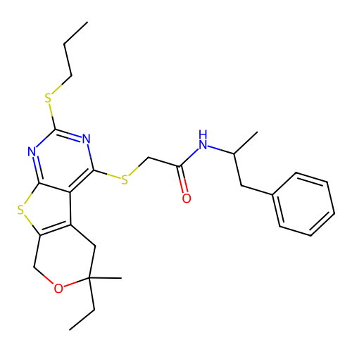 2-((6-ethyl-6-methyl-2-(propylthio)-6,8-dihydro-5H-pyrano[4',3':4,5]thieno[2,3-d]pyrimidin-4-yl)thio)-N-(1-phenylpropan-2-yl)acetamide structure