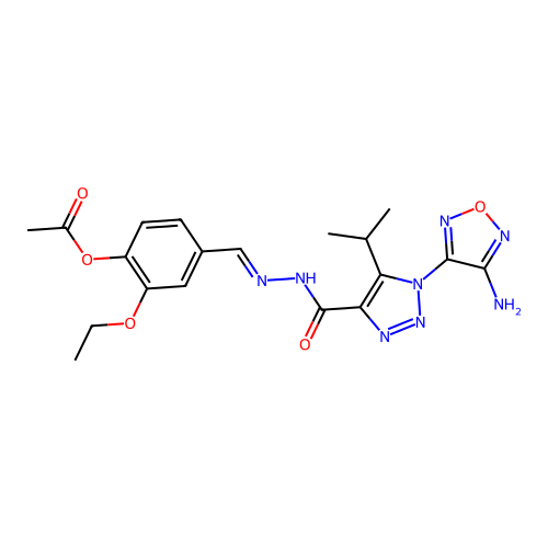 (E)-4-((2-(1-(4-amino-1,2,5-oxadiazol-3-yl)-5-isopropyl-1H-1,2,3-triazole-4-carbonyl)hydrazono)methyl)-2-ethoxyphenyl acetate structure