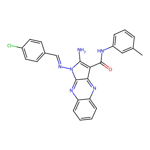 (E)-2-amino-1-((4-chlorobenzylidene)amino)-N-(m-tolyl)-1H-pyrrolo[2,3-b]quinoxaline-3-carboxamide structure