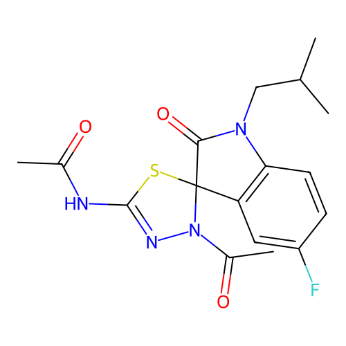 N-(3'-acetyl-5-fluoro-1-isobutyl-2-oxo-3'H-spiro[indoline-3,2'-[1,3,4]thiadiazol]-5'-yl)acetamide structure