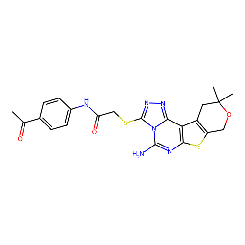 N-(4-acetylphenyl)-2-((5-amino-10,10-dimethyl-10,11-dihydro-8H-pyrano[4',3':4,5]thieno[3,2-e][1,2,4]triazolo[4,3-c]pyrimidin-3-yl)thio)acetamide structure
