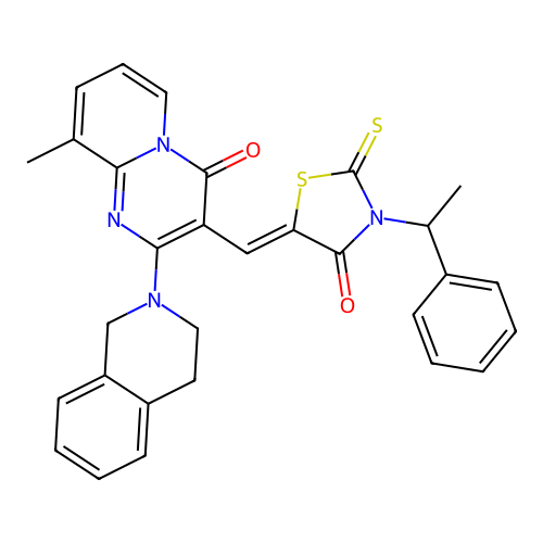 2-(3,4-dihydroisoquinolin-2(1H)-yl)-9-methyl-3-{(Z)-[4-oxo-3-(1-phenylethyl)-2-thioxo-1,3-thiazolidin-5-ylidene]methyl}-4H-pyrido[1,2-a]pyrimidin-4-one structure