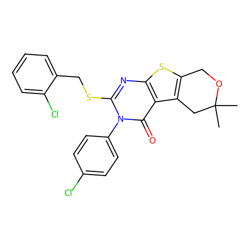 2-((2-chlorobenzyl)thio)-3-(4-chlorophenyl)-6,6-dimethyl-5,6-dihydro-3H-pyrano[4',3':4,5]thieno[2,3-d]pyrimidin-4(8H)-one structure