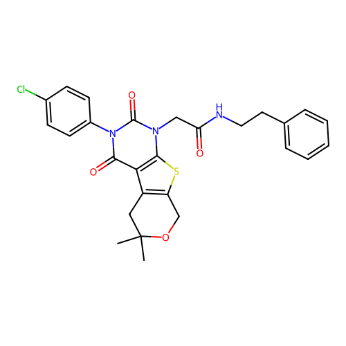 2-(3-(4-chlorophenyl)-6,6-dimethyl-2,4-dioxo-2,3,4,5,6,8-hexahydro-1H-pyrano[4',3':4,5]thieno[2,3-d]pyrimidin-1-yl)-N-phenethylacetamide structure