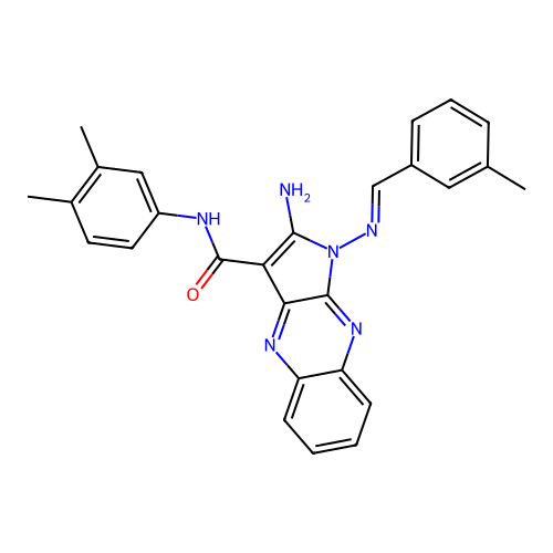 (E)-2-amino-N-(3,4-dimethylphenyl)-1-((3-methylbenzylidene)amino)-1H-pyrrolo[2,3-b]quinoxaline-3-carboxamide structure