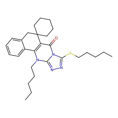 12-pentyl-9-(pentylthio)-5H-spiro[benzo[h][1,2,4]triazolo[3,4-b]quinazoline-6,1'-cyclohexan]-7(12H)-one structure