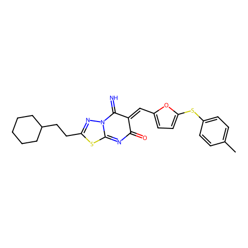 (Z)-2-(2-cyclohexylethyl)-5-imino-6-((5-(p-tolylthio)furan-2-yl)methylene)-5H-[1,3,4]thiadiazolo[3,2-a]pyrimidin-7(6H)-one structure