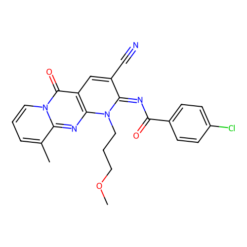(E)-4-chloro-N-(3-cyano-1-(3-methoxypropyl)-10-methyl-5-oxo-1H-dipyrido[1,2-a:2',3'-d]pyrimidin-2(5H)-ylidene)benzamide structure