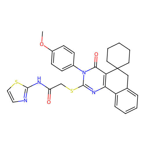 2-((3-(4-methoxyphenyl)-4-oxo-4,6-dihydro-3H-spiro[benzo[h]quinazoline-5,1'-cyclohexan]-2-yl)thio)-N-(thiazol-2-yl)acetamide structure