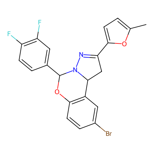 6-(3,4-difluorophenyl)-2-bromo-9-(5-methyl(2-furyl))-6H,10aH-benzo[e]2-pyrazol ino[1,5-c]1,3-oxazine structure