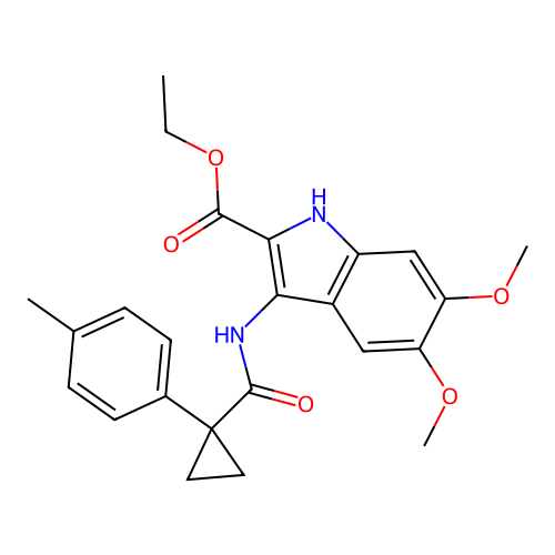 ethyl 5,6-dimethoxy-3-(1-(p-tolyl)cyclopropanecarboxamido)-1H-indole-2-carboxylate structure