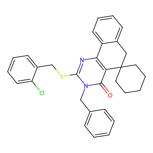 3-benzyl-2-((2-chlorobenzyl)thio)-3H-spiro[benzo[h]quinazoline-5,1'-cyclohexan]-4(6H)-one structure
