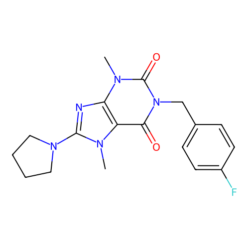 1-(4-fluorobenzyl)-3,7-dimethyl-8-(pyrrolidin-1-yl)-1H-purine-2,6(3H,7H)-dione structure