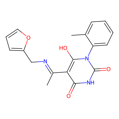 (Z)-5-(1-((furan-2-ylmethyl)amino)ethylidene)-1-(o-tolyl)pyrimidine-2,4,6(1H,3H,5H)-trione structure
