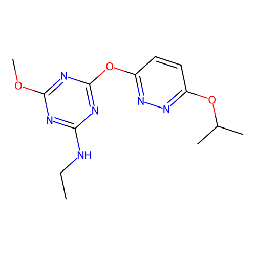 N-ethyl-4-((6-isopropoxypyridazin-3-yl)oxy)-6-methoxy-1,3,5-triazin-2-amine structure