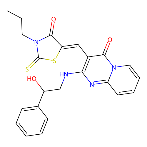 (5Z)-5-[[2-[(2-hydroxy-2-phenylethyl)amino]-4-oxopyrido[1,2-a]pyrimidin-3-yl]methylidene]-3-propyl-2-sulfanylidene-1,3-thiazolidin-4-one structure
