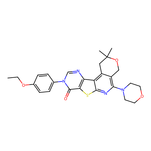 9-(4-ethoxyphenyl)-2,2-dimethyl-5-(morpholin-4-yl)-1,4-dihydro-2H-pyrano[4'',3'':4',5']pyrido[3',2':4,5]thieno[3,2-d]pyrimidin-8(9H)-one structure