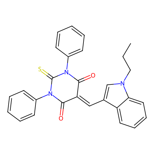 1,3-diphenyl-5-[(1-propylindol-3-yl)methylidene]-2-sulfanylidene-1,3-diazinane-4,6-dione structure