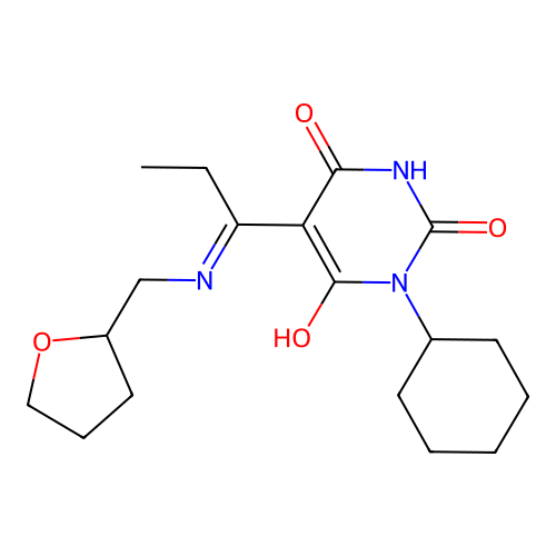 1-cyclohexyl-5-[1-(oxolan-2-ylmethylamino)propylidene]-1,3-diazinane-2,4,6-trione structure
