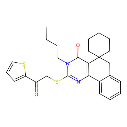 3-butyl-2-((2-oxo-2-(thiophen-2-yl)ethyl)thio)-3H-spiro[benzo[h]quinazoline-5,1'-cyclohexan]-4(6H)-one structure