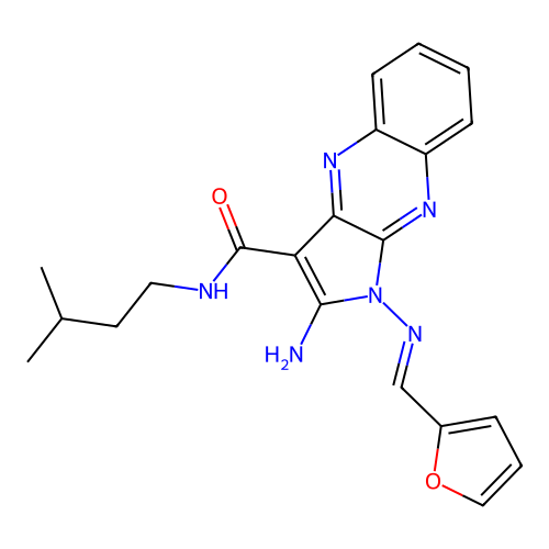 (E)-2-amino-1-((furan-2-ylmethylene)amino)-N-isopentyl-1H-pyrrolo[2,3-b]quinoxaline-3-carboxamide structure