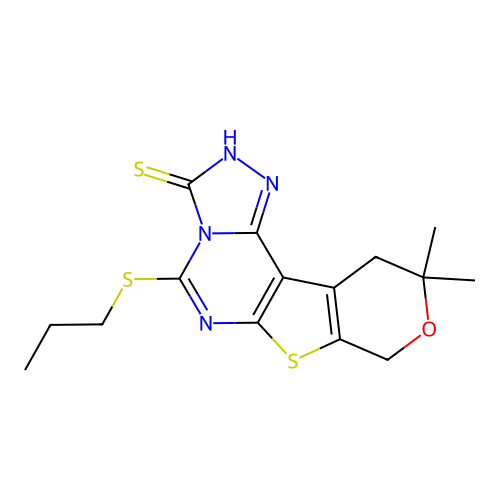 10,10-dimethyl-5-(propylsulfanyl)-10,11-dihydro-8H-pyrano[4',3':4,5]thieno[3,2-e][1,2,4]triazolo[4,3-c]pyrimidine-3-thiol structure