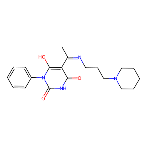 (E)-1-phenyl-5-(1-((3-(piperidin-1-yl)propyl)amino)ethylidene)pyrimidine-2,4,6(1H,3H,5H)-trione structure