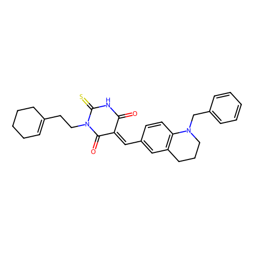 (5E)-5-[(1-benzyl-1,2,3,4-tetrahydroquinolin-6-yl)methylidene]-1-[2-(cyclohex-1-en-1-yl)ethyl]-2-sulfanylpyrimidine-4,6(1H,5H)-dione structure