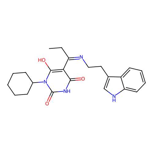 1-cyclohexyl-5-[1-[2-(1H-indol-3-yl)ethylamino]propylidene]-1,3-diazinane-2,4,6-trione structure