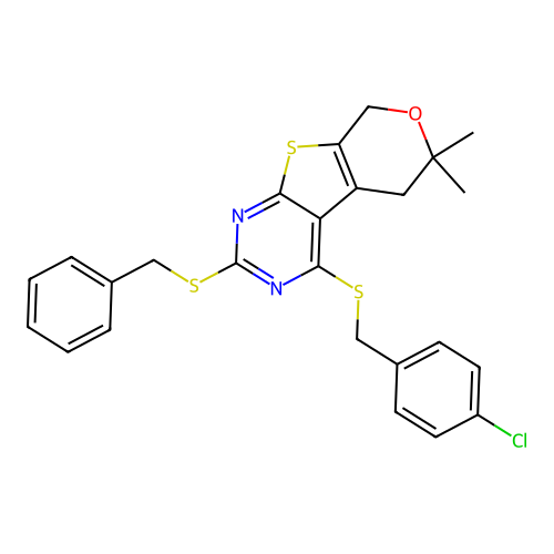 2-(benzylsulfanyl)-4-[(4-chlorobenzyl)sulfanyl]-6,6-dimethyl-5,8-dihydro-6H-pyrano[4',3':4,5]thieno[2,3-d]pyrimidine structure