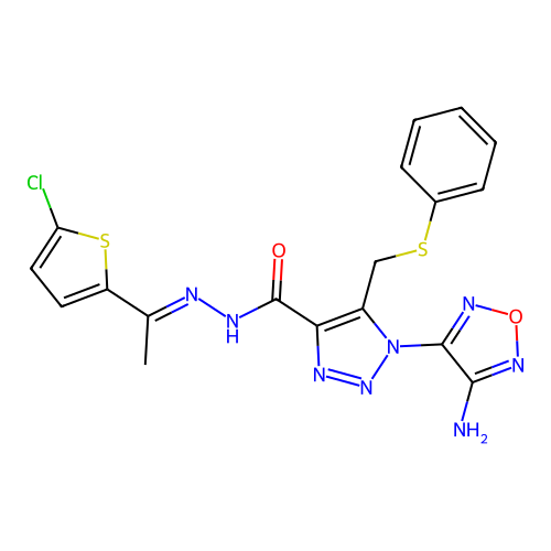 (E)-1-(4-amino-1,2,5-oxadiazol-3-yl)-N'-(1-(5-chlorothiophen-2-yl)ethylidene)-5-((phenylthio)methyl)-1H-1,2,3-triazole-4-carbohydrazide structure