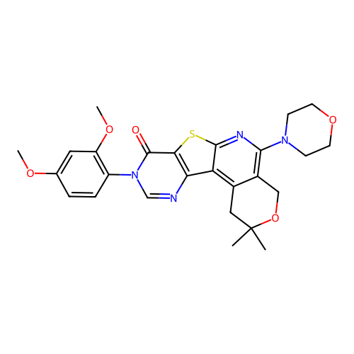 9-(2,4-dimethoxyphenyl)-2,2-dimethyl-5-morpholino-4,9-dihydro-1H-pyrano[4'',3'':4',5']pyrido[3',2':4,5]thieno[3,2-d]pyrimidin-8(2H)-one structure