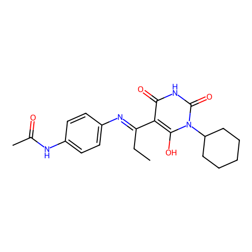 (E)-N-(4-((1-(1-cyclohexyl-2,4,6-trioxotetrahydropyrimidin-5(2H)-ylidene)propyl)amino)phenyl)acetamide structure